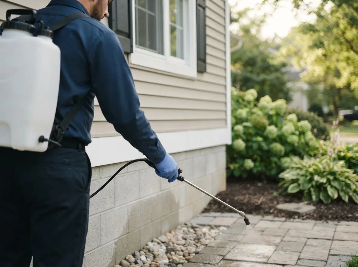 Pest control technician inspecting a home in Woodstock, MN